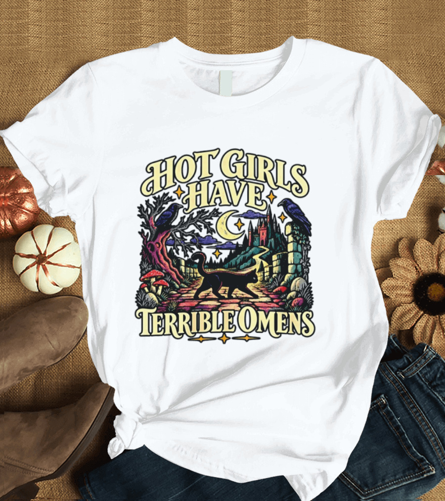 Hot Girls Have Terrible Omens Gothic Cat Halloween Scene T-Shirt