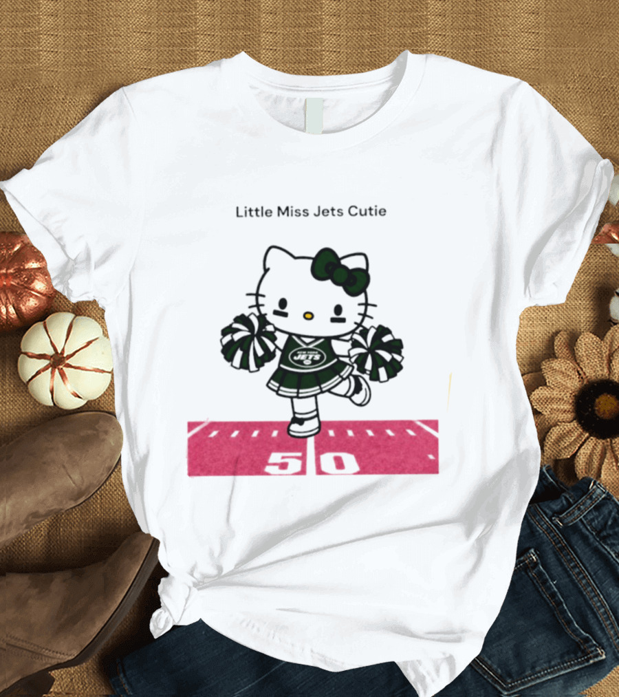 New York Jets Hello Kitty Little Miss Cutie Football Cheerleader On 50 Yard Line T-Shirt