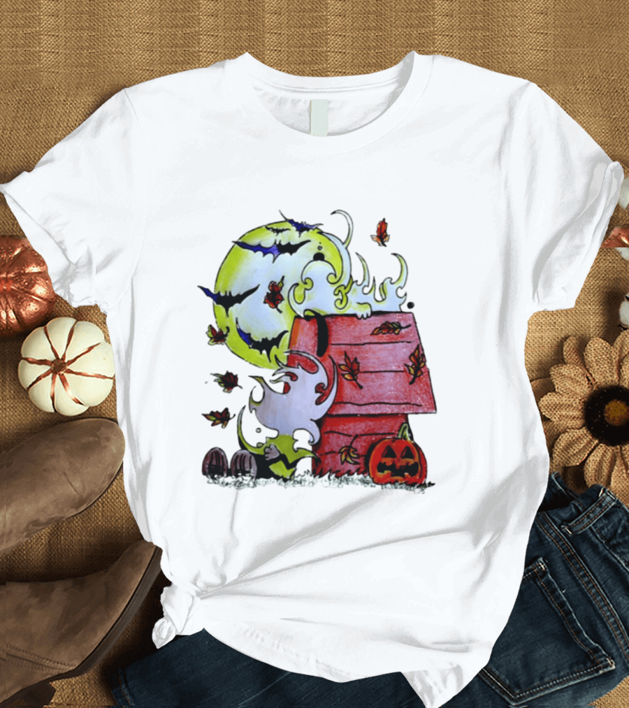 Snoopy Halloween Peanuts Moon Pumpkin Bats And Leaves T-Shirt