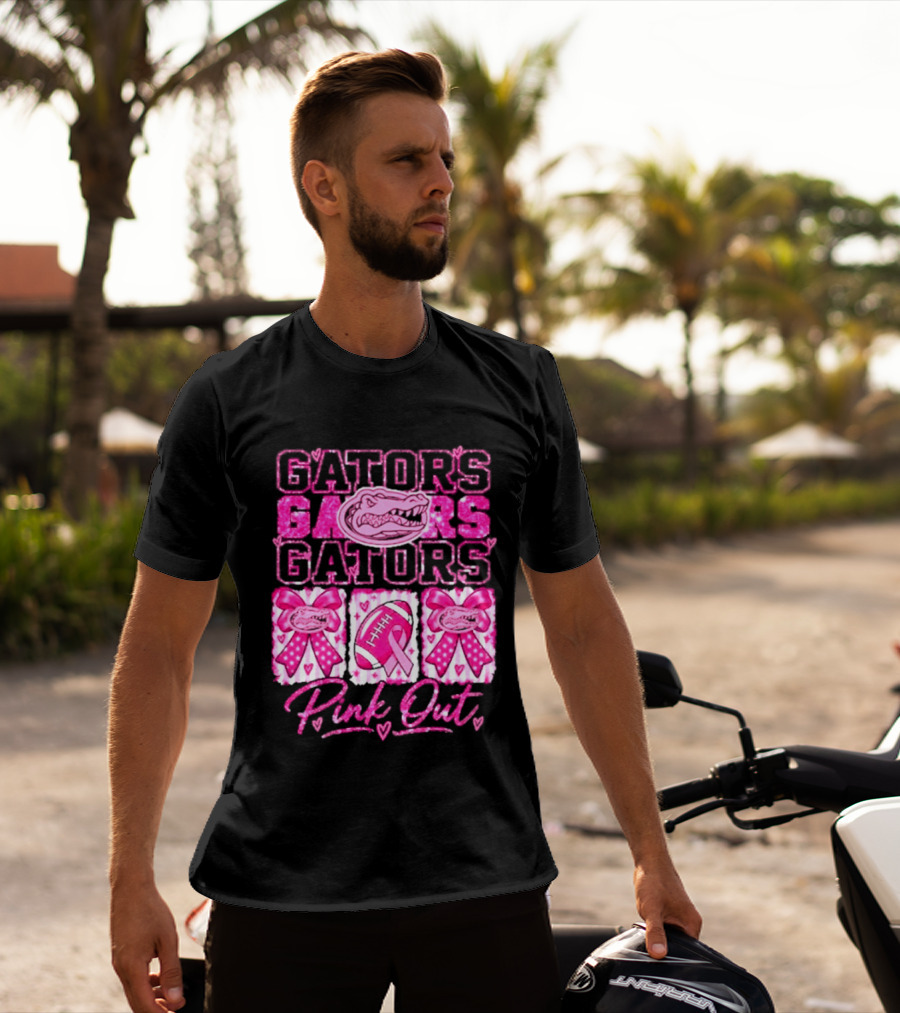 Gators Pink Out Breast Cancer Awareness Game Day Bow Ribbon Football T-Shirt
