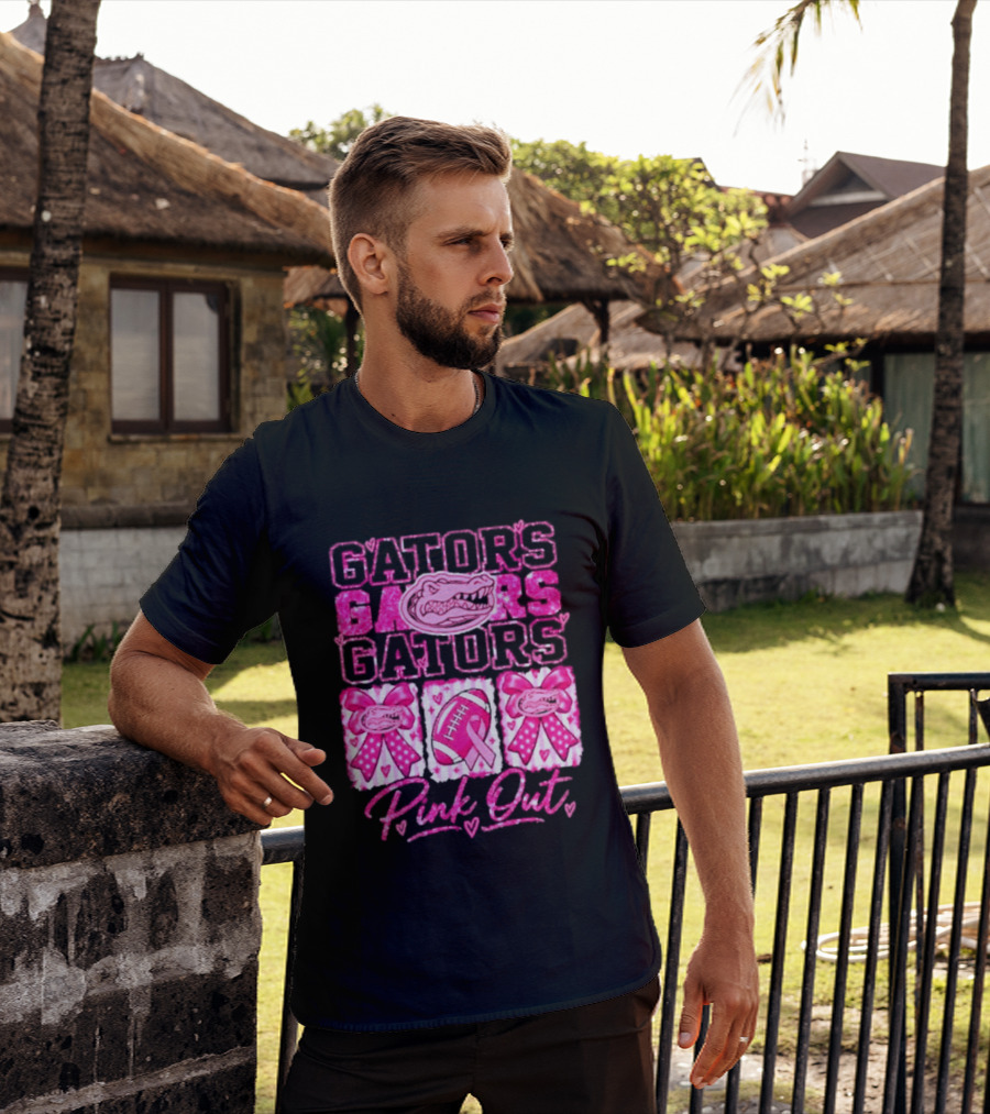 Gators Pink Out Breast Cancer Awareness Game Day Bow Ribbon Football T-Shirt