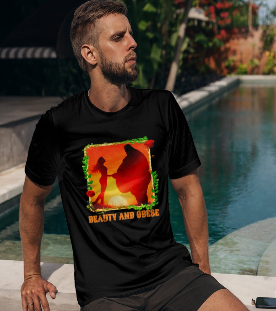 Beauty And Obese Romantic Satire With Sunset Silhouette And Roses T-Shirt
