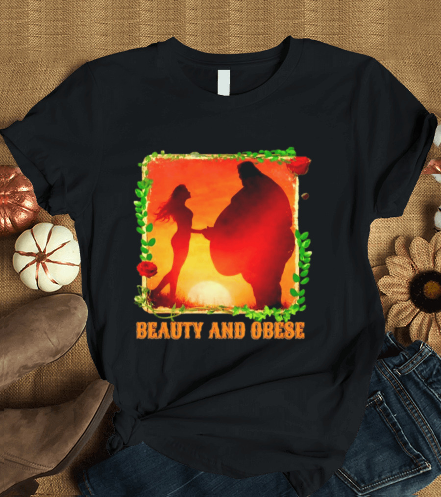 Beauty And Obese Romantic Satire With Sunset Silhouette And Roses T-Shirt