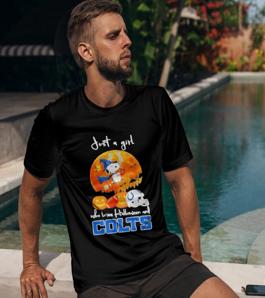 Just A Girl Who Loves Halloween And Colts Snoopy Woodstock Collaboration T-Shirt