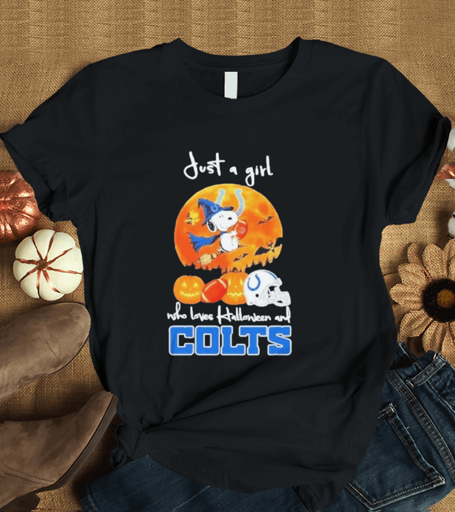 Just A Girl Who Loves Halloween And Colts Snoopy Woodstock Collaboration T-Shirt
