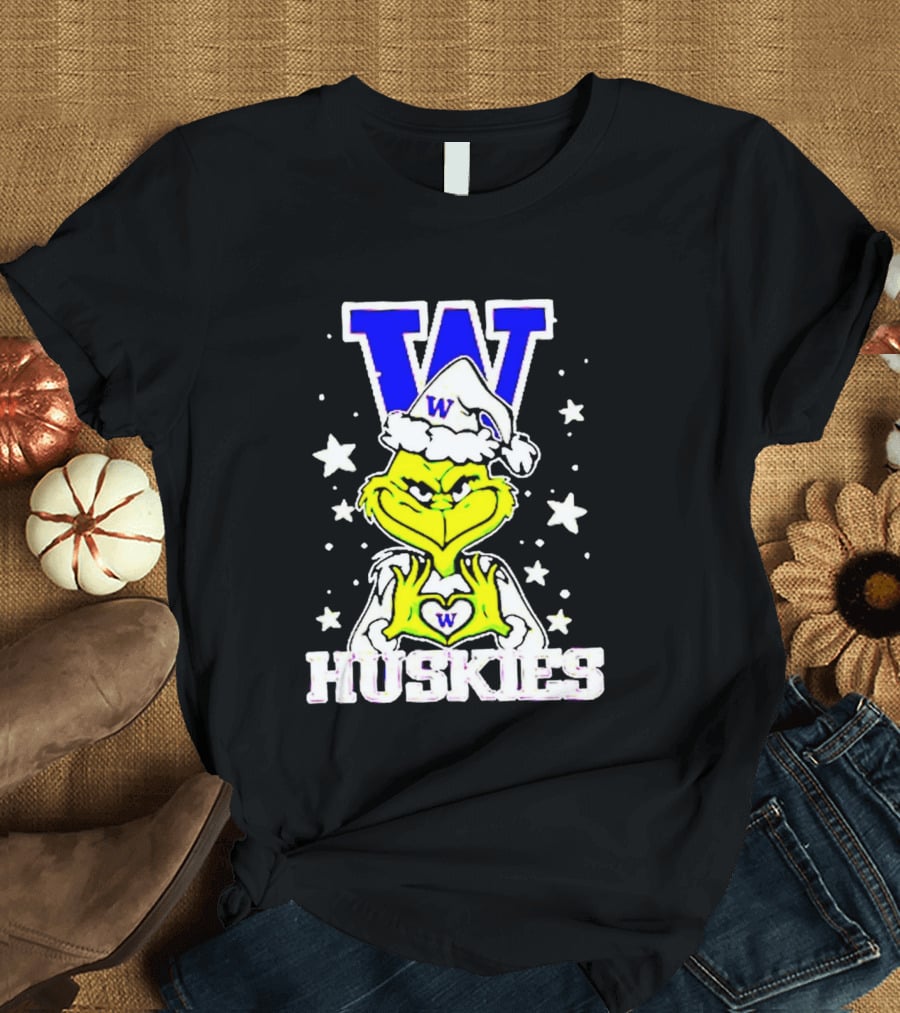 Washington Huskies Grinch Santa Hat Christmas Heart Hands W Monogram T-Shirt