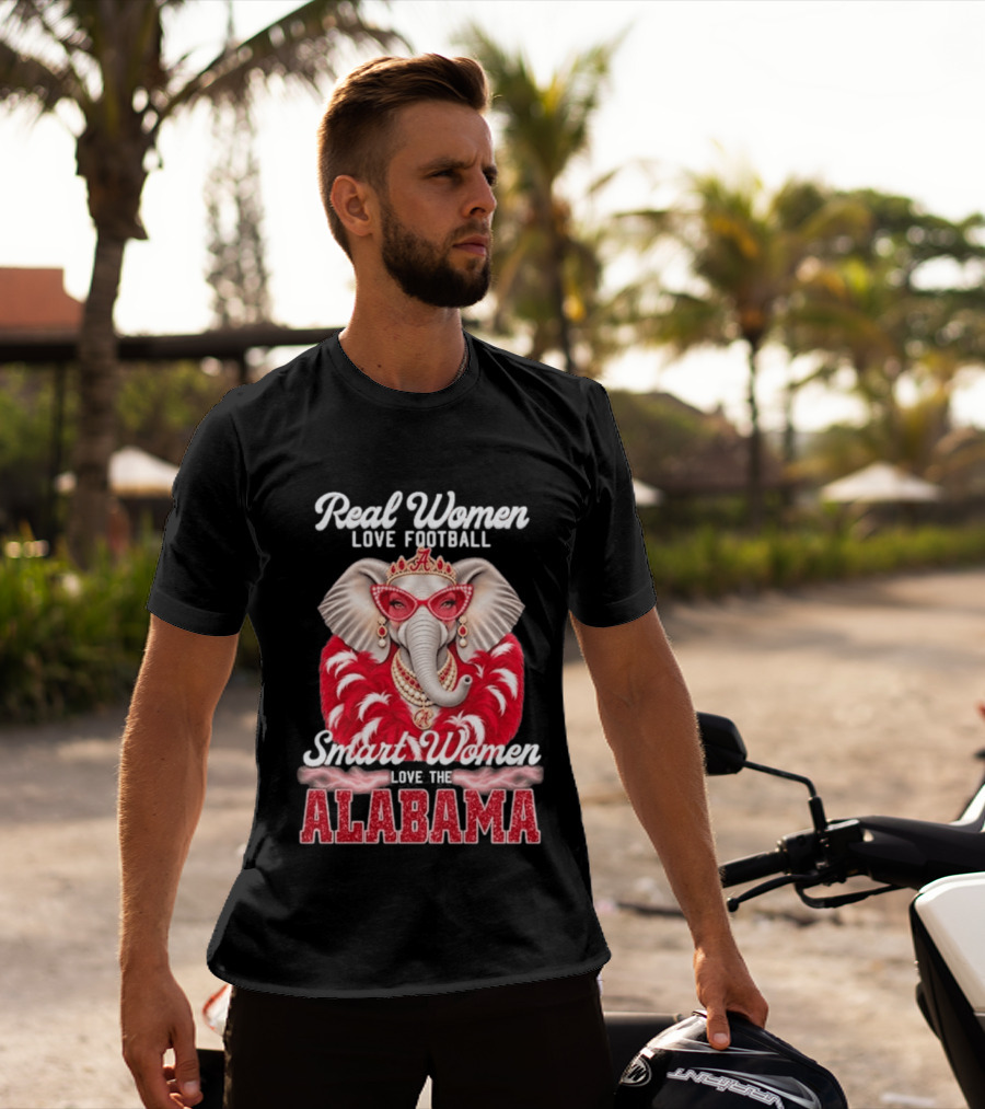Real Women Love Football Smart Women Love The Alabama Elephant In Glasses And Crown T-Shirt