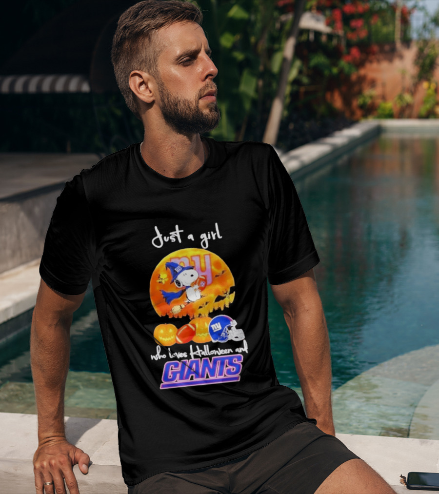 Just A Girl Who Loves Halloween New York Giants Snoopy Woodstock T-Shirt