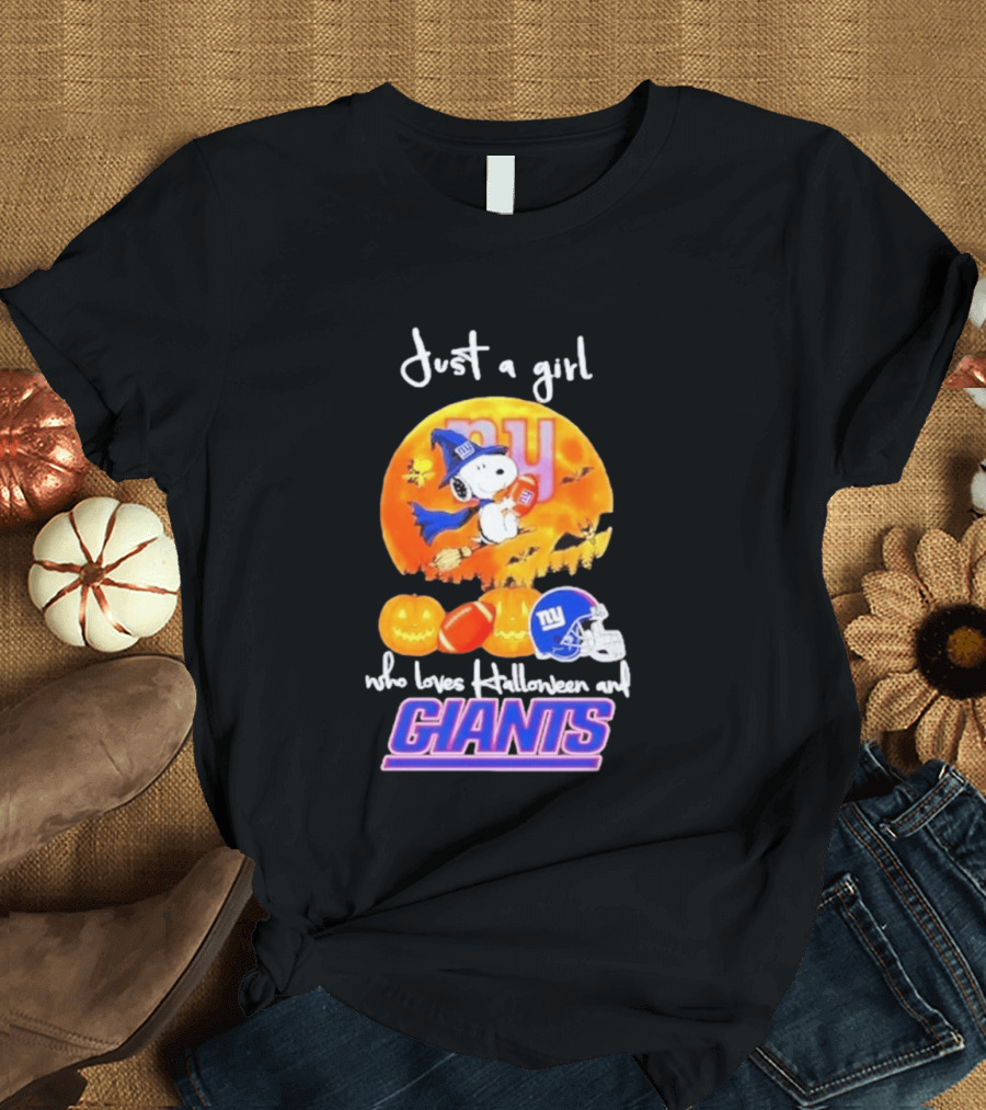Just A Girl Who Loves Halloween New York Giants Snoopy Woodstock T-Shirt