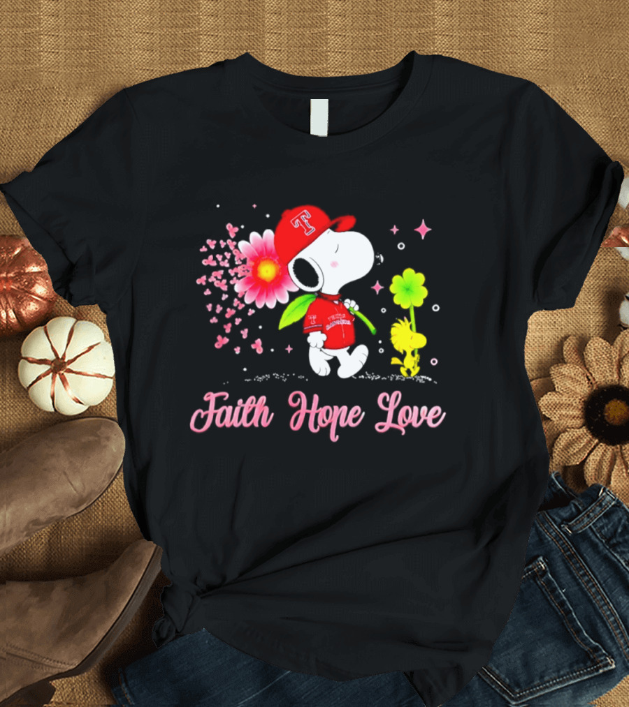 Texas Rangers Snoopy Faith Hope Love Breast Cancer Awareness 2026 T-Shirt
