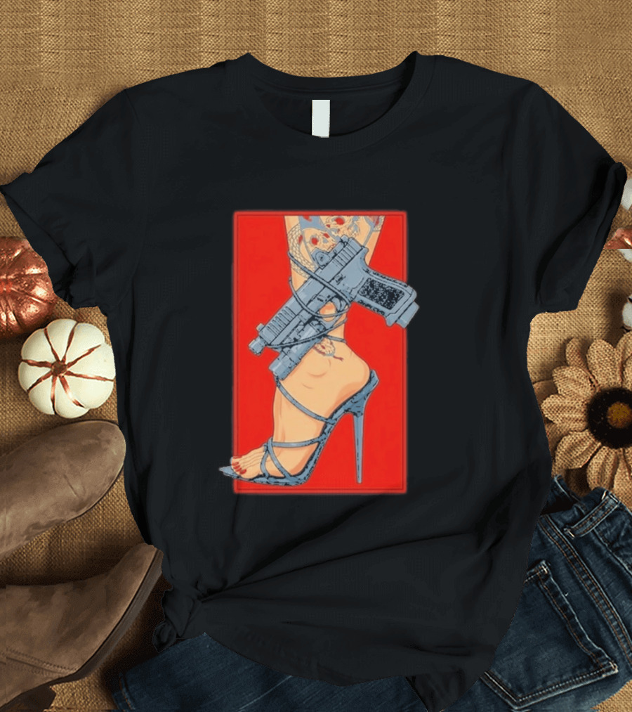High Heel Stiletto With Gun And Tattoo Art On Red T-Shirt