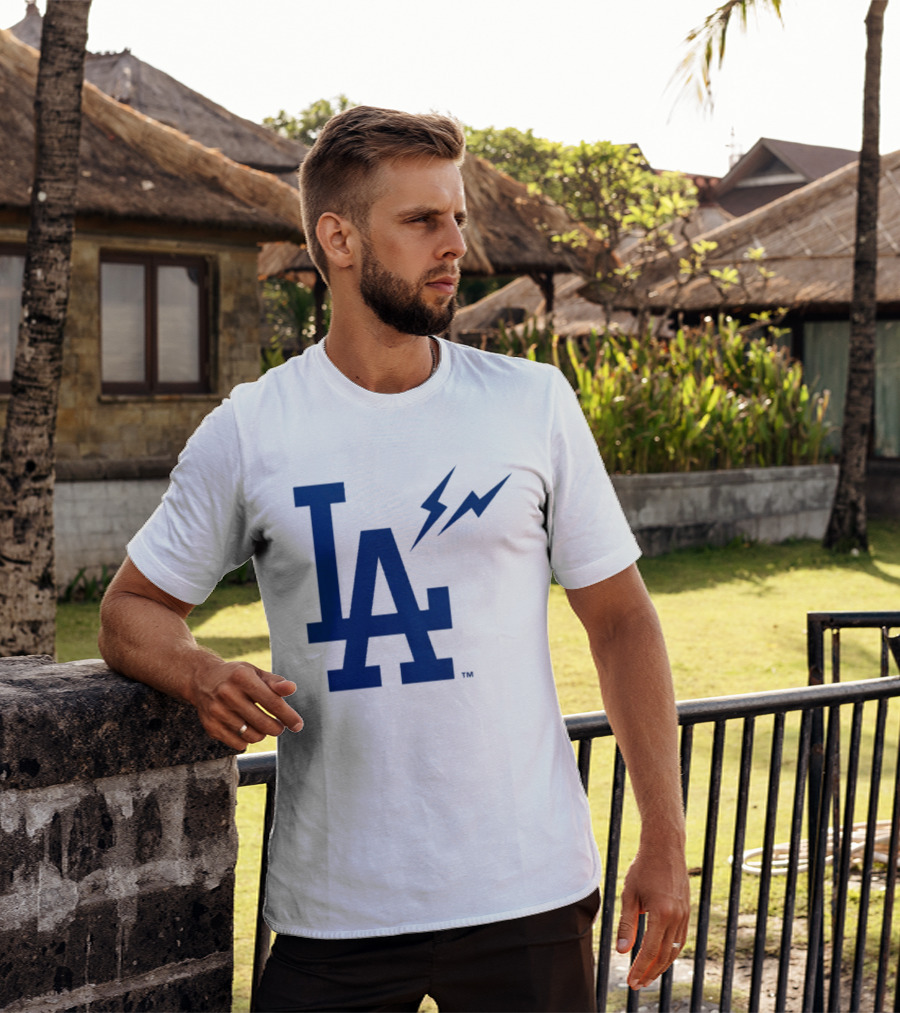 Los Angeles Dodgers Fragment Collaboration LA Thunder Lightning Bolt T-Shirt