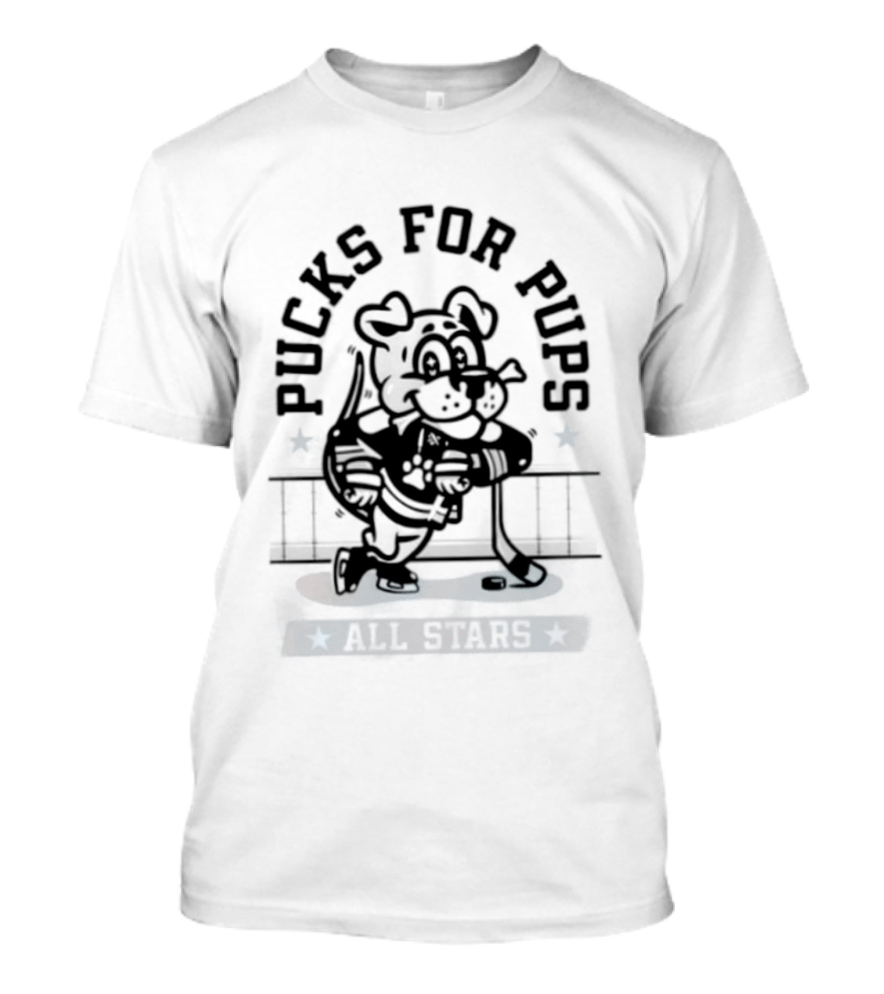 Pucks For Pups All Stars Hockey Dog With Hockey Stick T-Shirt