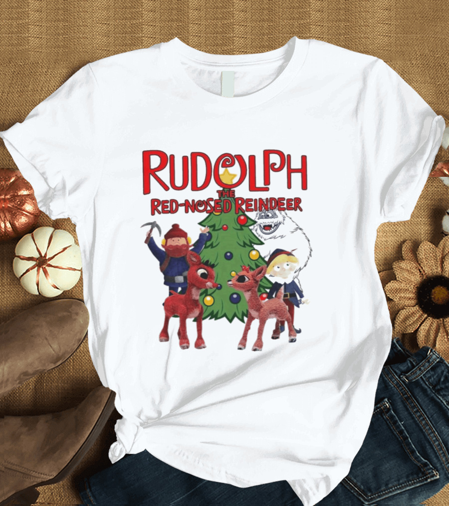 Rudolph The Red Nosed Reindeer Christmas Tree With Characters And Star T-Shirt