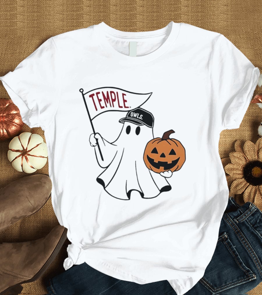 Temple Owls Halloween Ghost With Pumpkin And Flag T-Shirt