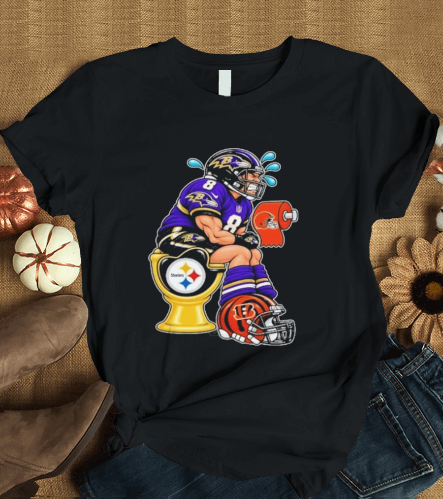 Baltimore Ravens Lamar Jackson On Steelers Toilet With Browns Toilet Paper And Bengals Helmet T-Shirt