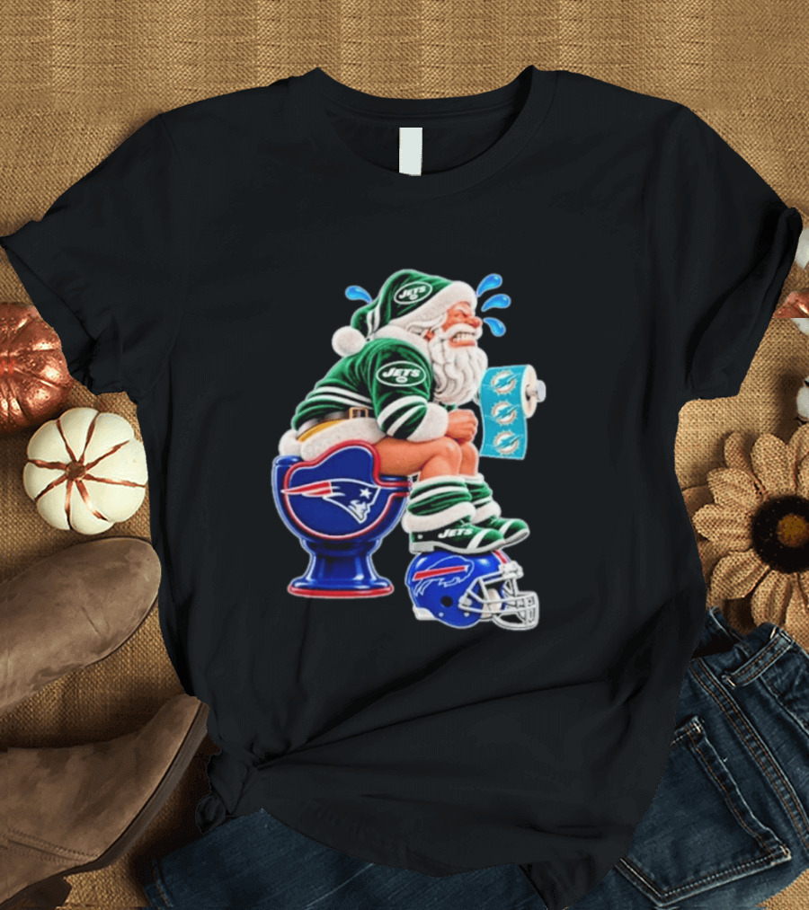 New England Patriots Miami Dolphins Buffalo Bills New York Jets Santa Football Christmas T-Shirt