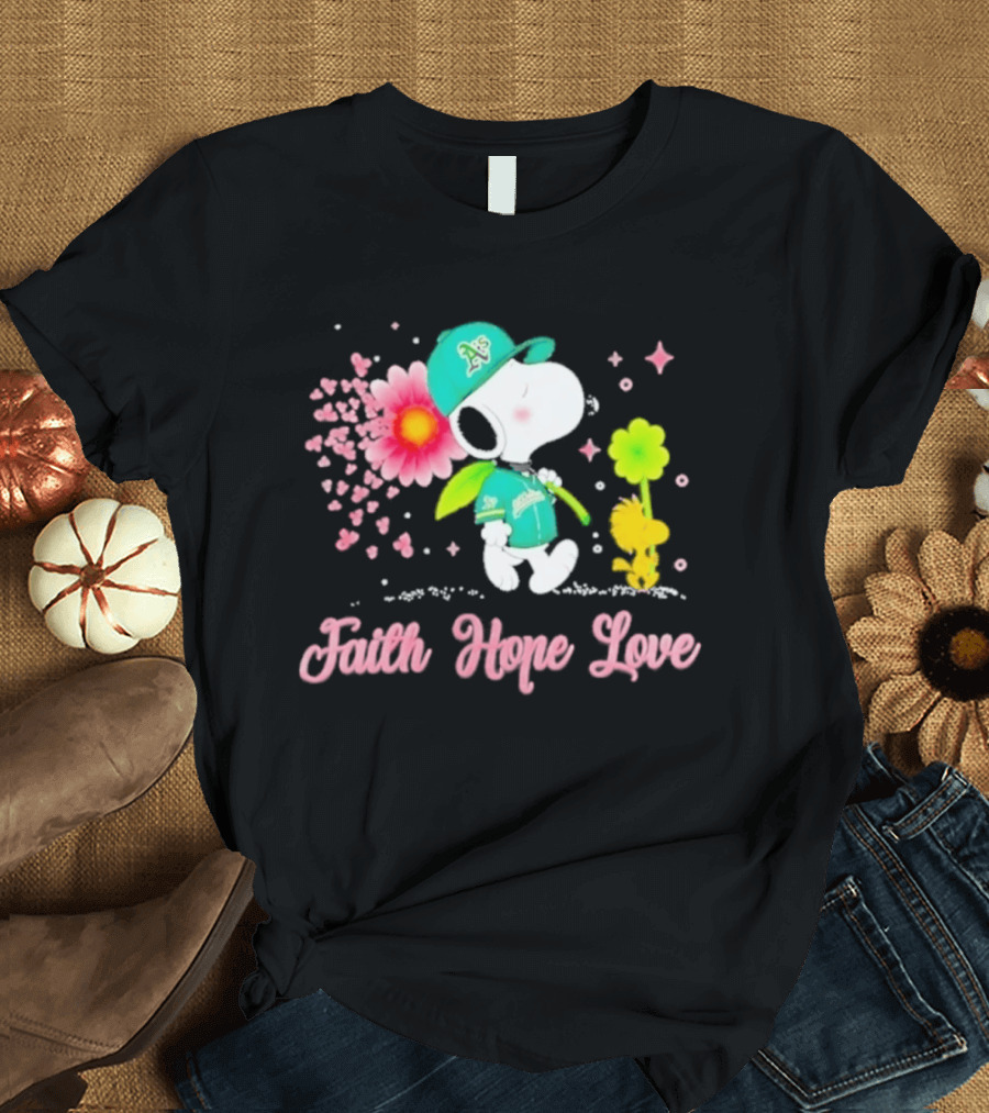 Oakland Athletics Snoopy Woodstock Faith Hope Love Breast Cancer Awareness 2026 T-Shirt