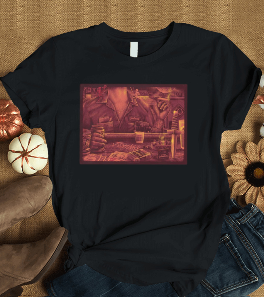 Johnny Blue Skies Dark Clouds Enterprise Center Oct 6 2026 Poker Whiskey Skeletons Dagger Smoky Bar Scene T-Shirt