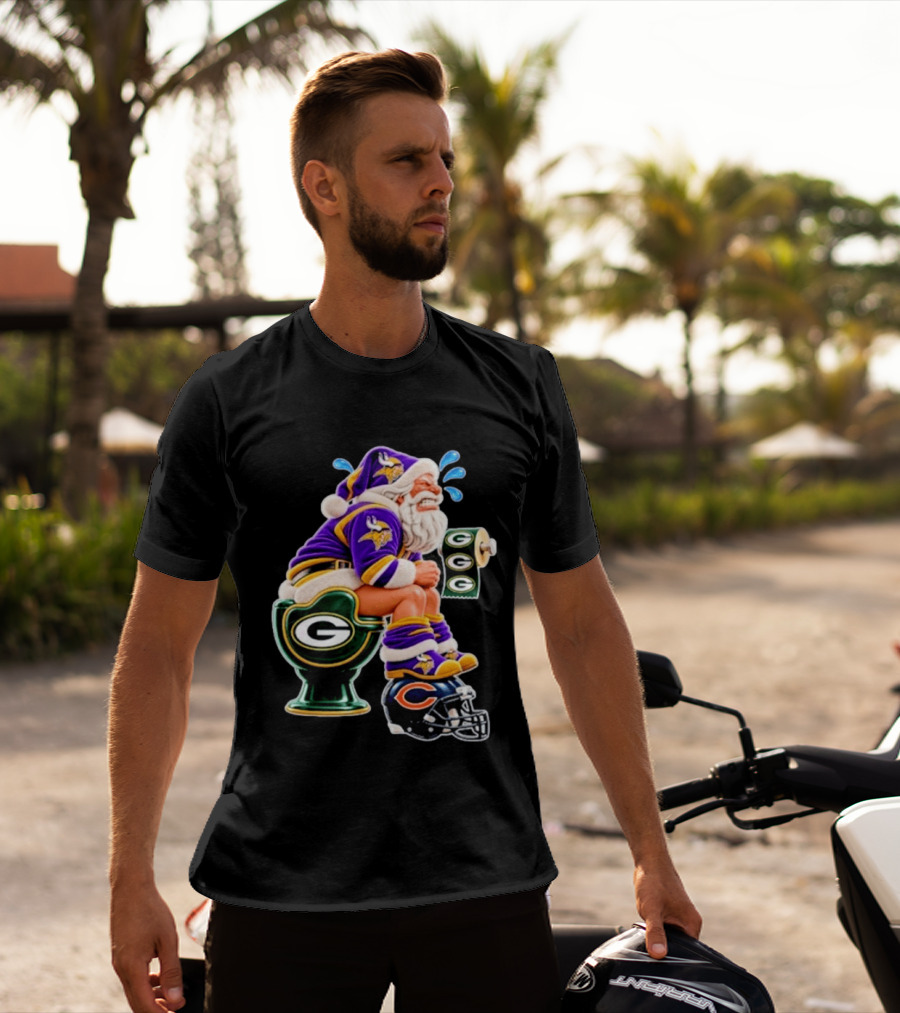 Minnesota Vikings Santa With Green Bay Packers Toilet And Chicago Bears Helmet Christmas Football T-Shirt
