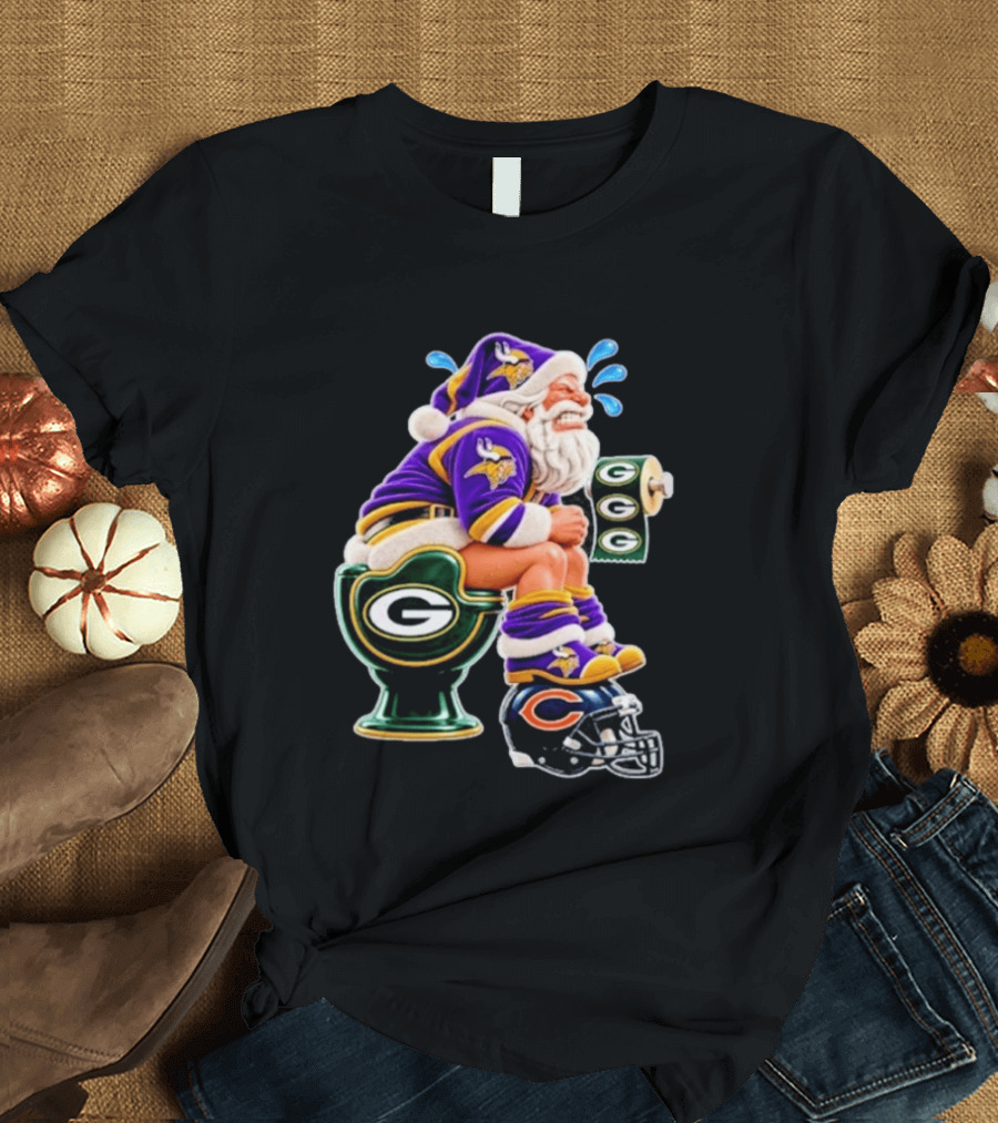 Minnesota Vikings Santa With Green Bay Packers Toilet And Chicago Bears Helmet Christmas Football T-Shirt
