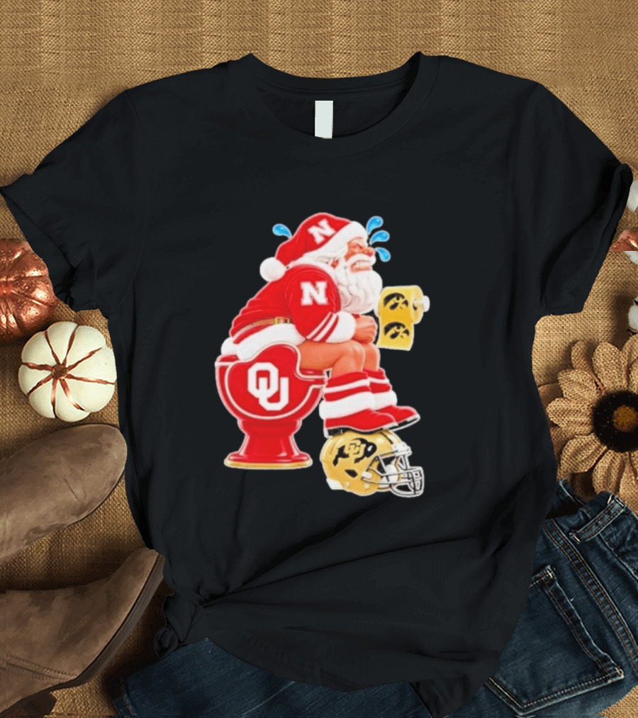 Nebraska Santa On Oklahoma Toilet With Iowa Toilet Paper And Colorado Helmet Football Rivalry Humor T-Shirt