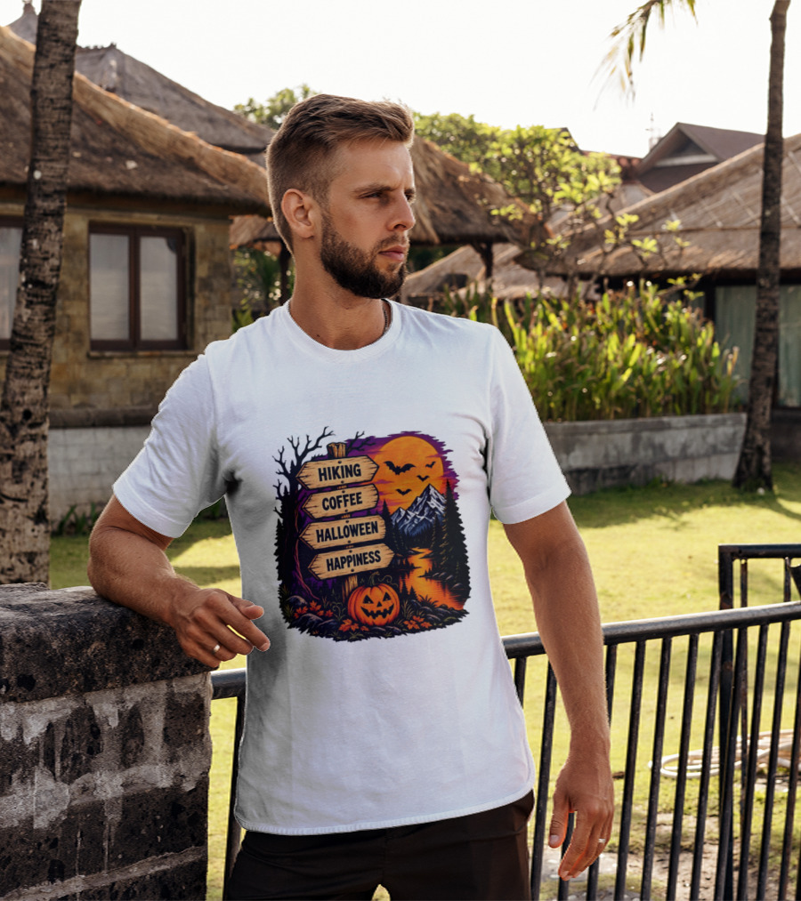 Hiking Coffee Halloween Happiness Fall Season Signpost Scenic Sunset Pumpkin Bats T-Shirt
