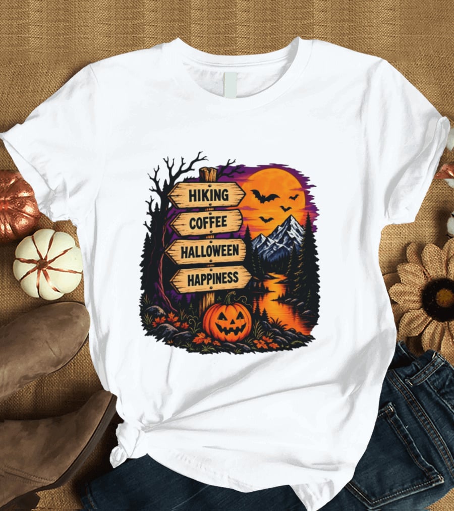 Hiking Coffee Halloween Happiness Fall Season Signpost Scenic Sunset Pumpkin Bats T-Shirt