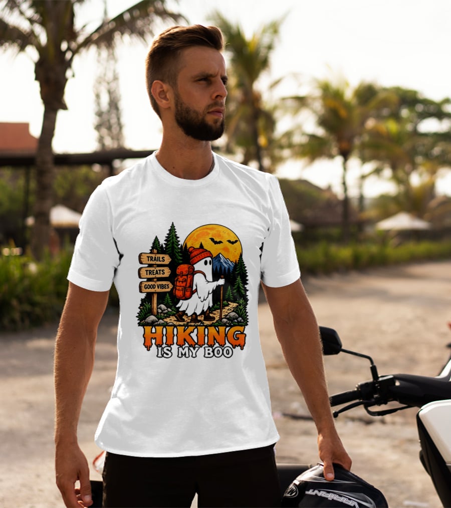 Hiking Is My Boo Ghost Trails Treats Good Vibes Halloween T-Shirt
