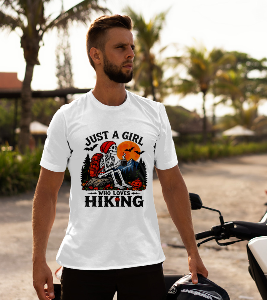 Just A Girl Who Loves Hiking Skeleton Autumn Halloween Pumpkin Bats And Coffee T-Shirt