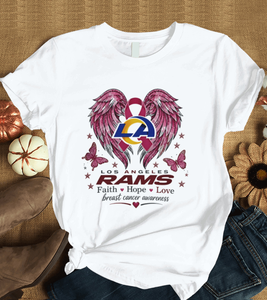 Los Angeles Rams Breast Cancer Awareness Faith Hope Love Wings And Butterflies T-Shirt