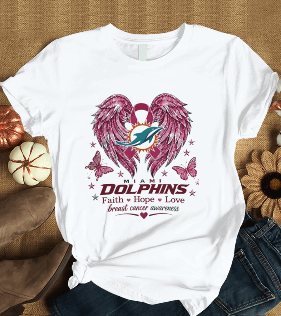 Miami Dolphins Breast Cancer Awareness Faith Hope Love Pink Ribbon Wings T-Shirt