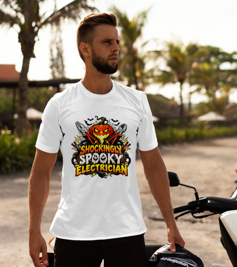 Shockingly Spooky Electrician Pumpkin Halloween Pliers And Bats T-Shirt