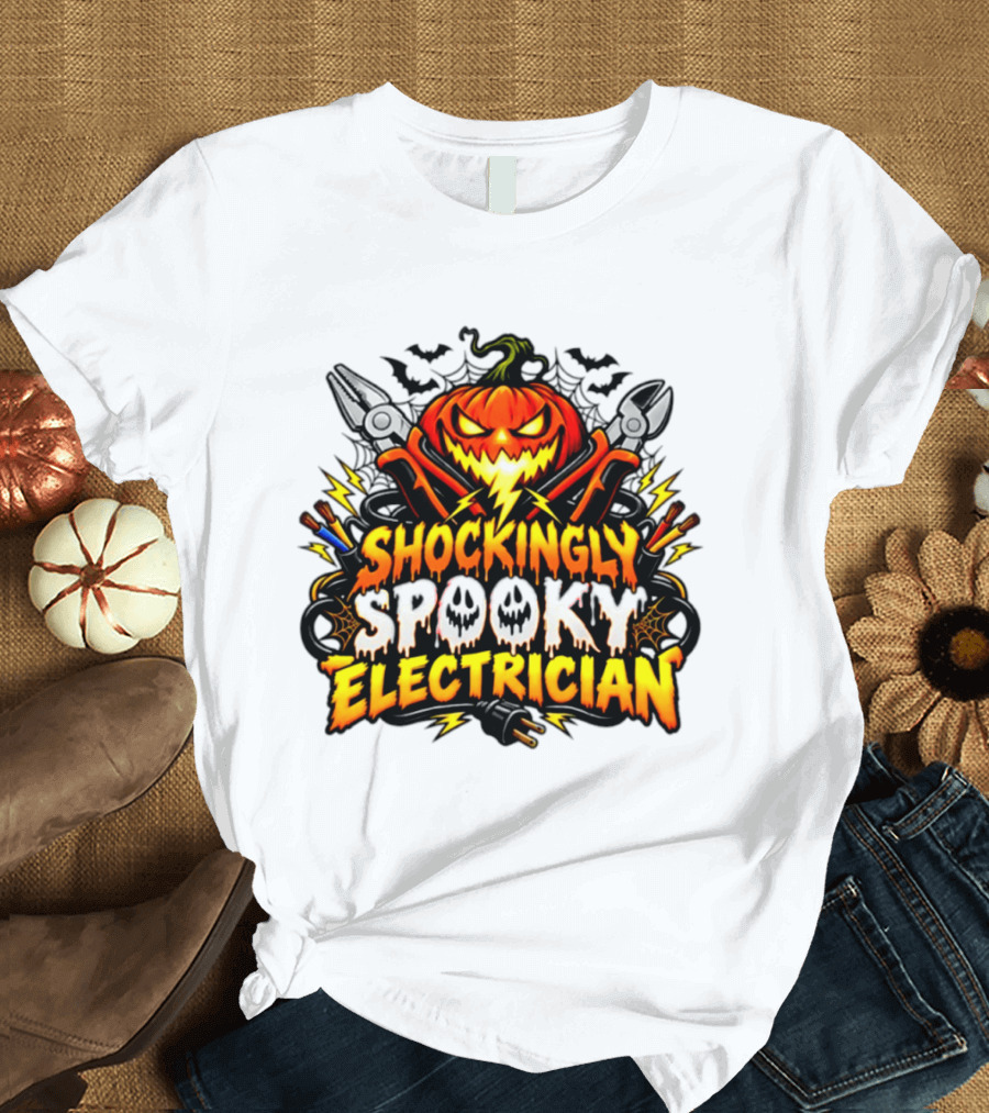 Shockingly Spooky Electrician Pumpkin Halloween Pliers And Bats T-Shirt