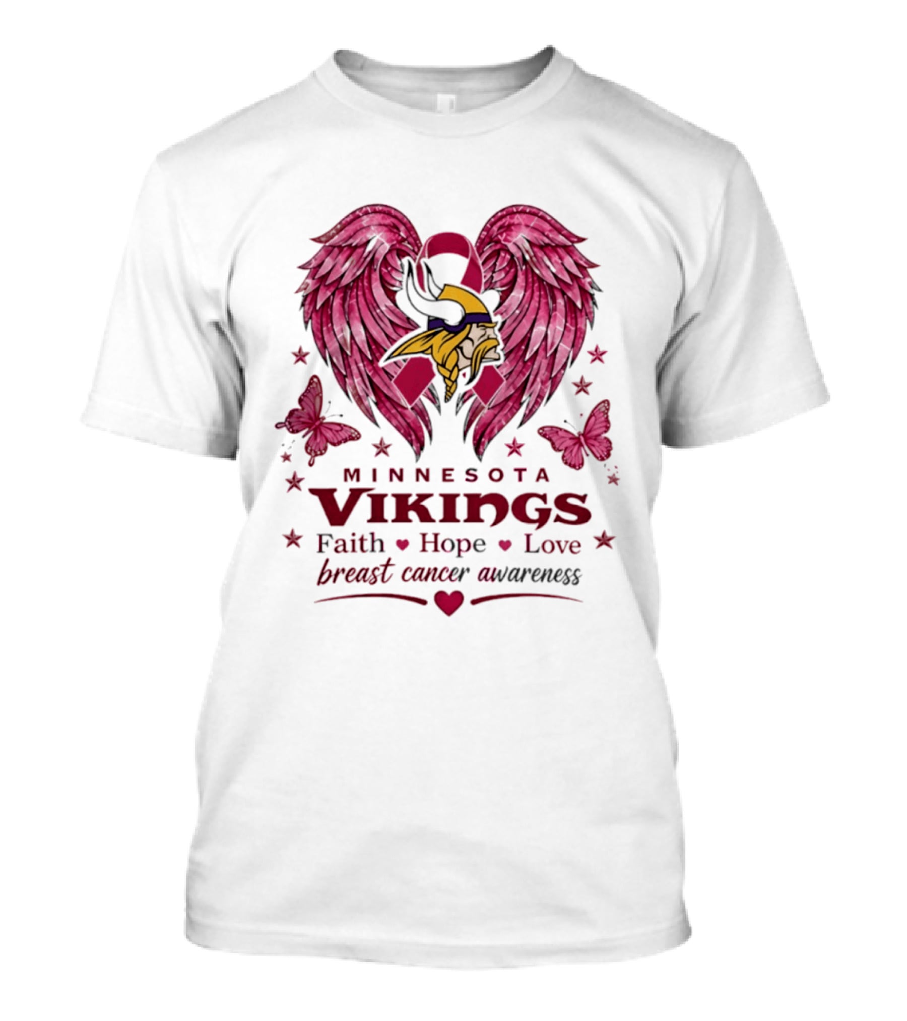 Minnesota Vikings Breast Cancer Awareness Faith Hope Love Wings T-Shirt