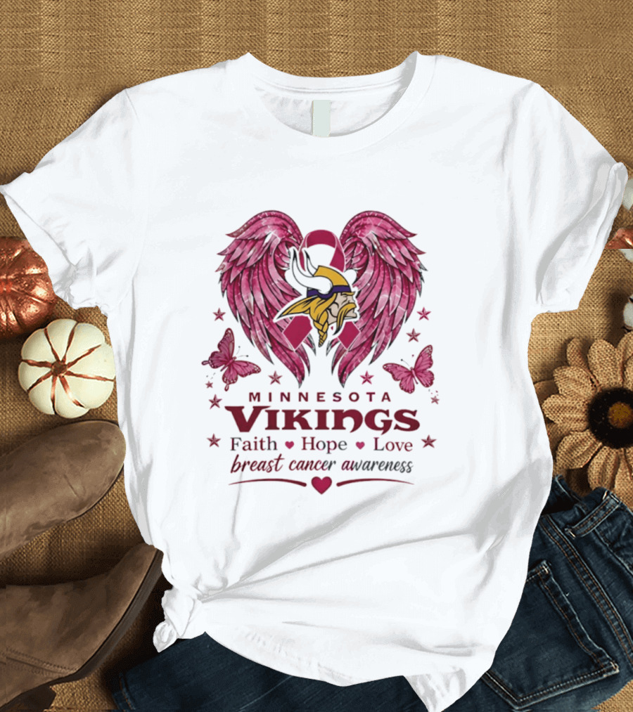 Minnesota Vikings Breast Cancer Awareness Faith Hope Love Wings T-Shirt