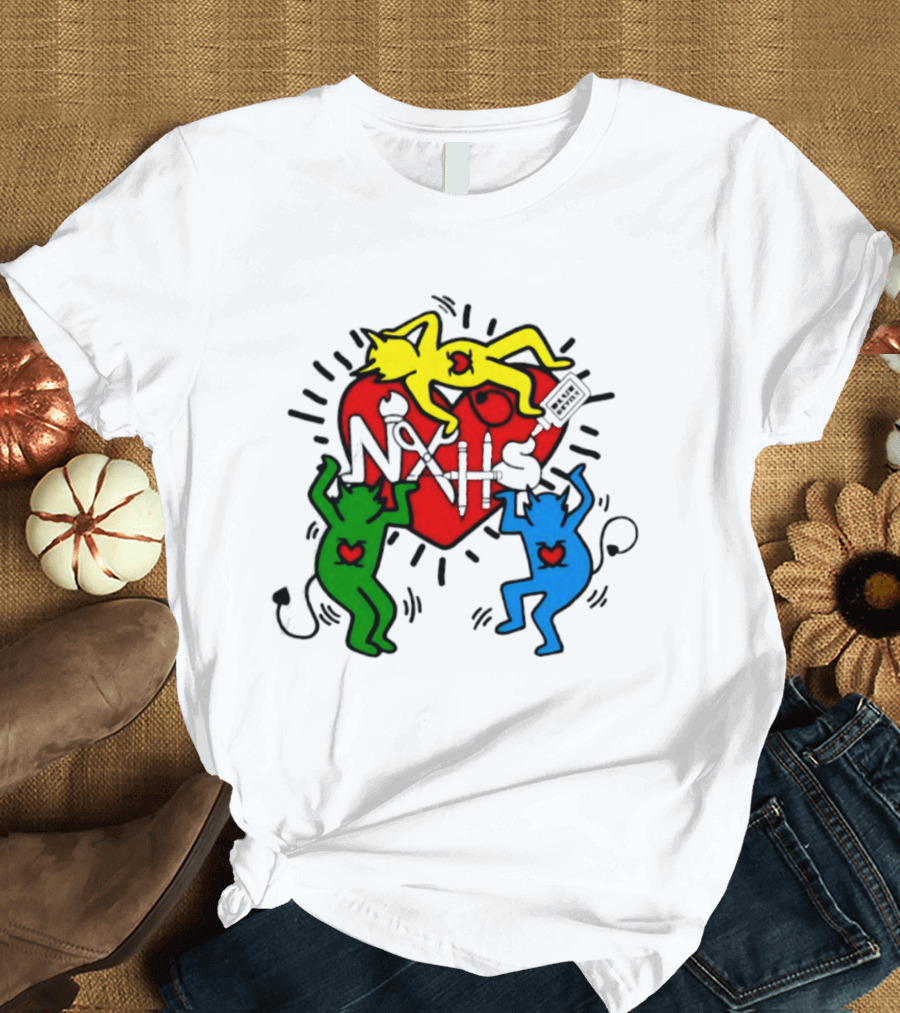 NAHS Blue Devils Keith Haring Heart Colorful Dancing Figures T-Shirt