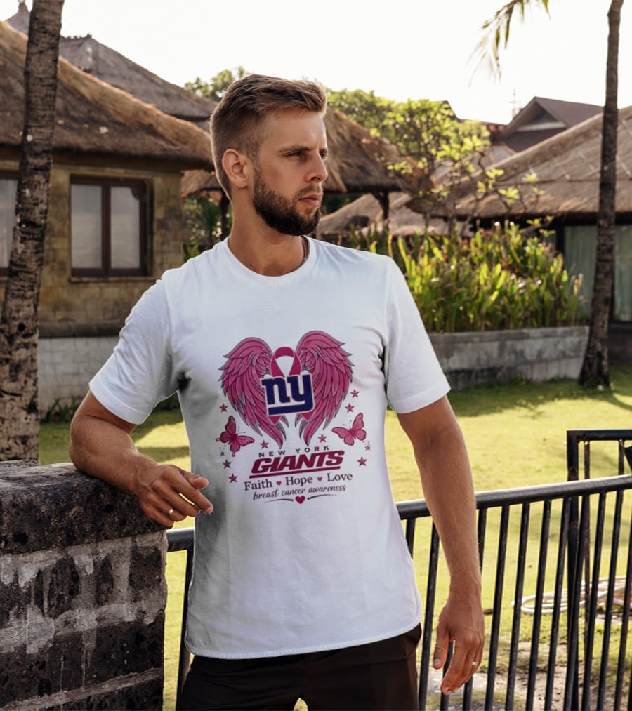 New York Giants Breast Cancer Awareness Faith Hope Love Pink Wings Ribbon T-Shirt