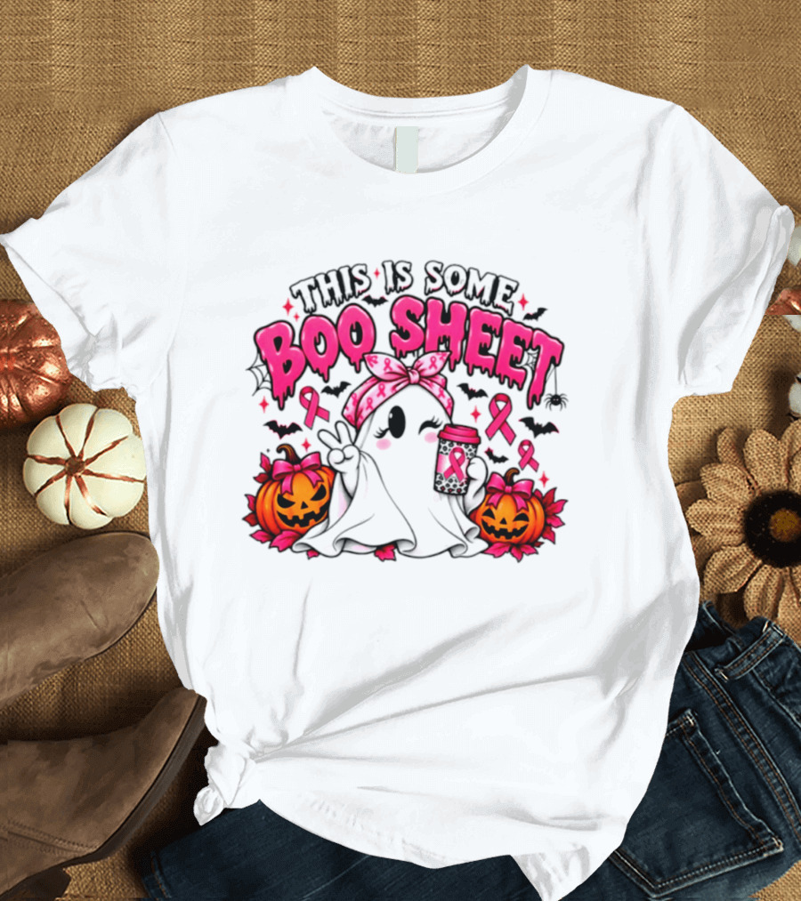 This Is Some Boo Sheet Breast Cancer Awareness Ghost Halloween Pink Ribbons Pumpkin T-Shirt