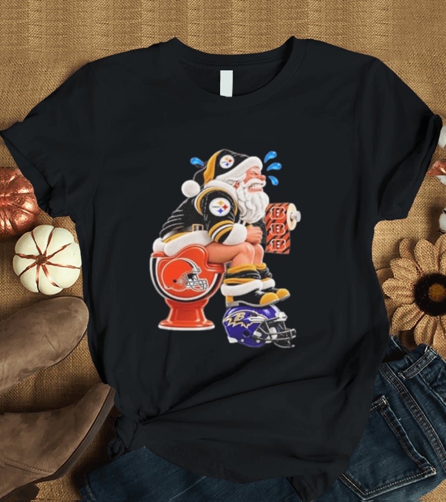 Pittsburgh Steelers Santa Christmas Cleveland Browns Toilet Baltimore Ravens Helmet Cincinnati Bengals Toilet Paper Football T-Shirt