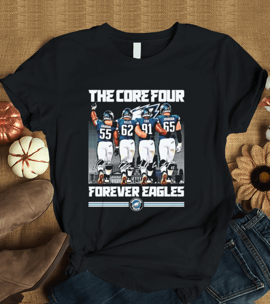 Philadelphia Eagles The Core Four Jenkins Kelce Cox Johnson Forever Legends Skyline Signatures T-Shirt