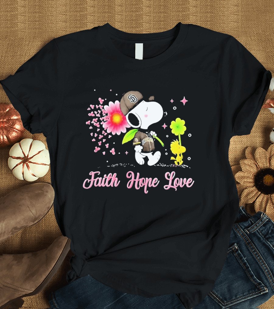 Snoopy San Diego Padres Faith Hope Love Breast Cancer Awareness T-Shirt