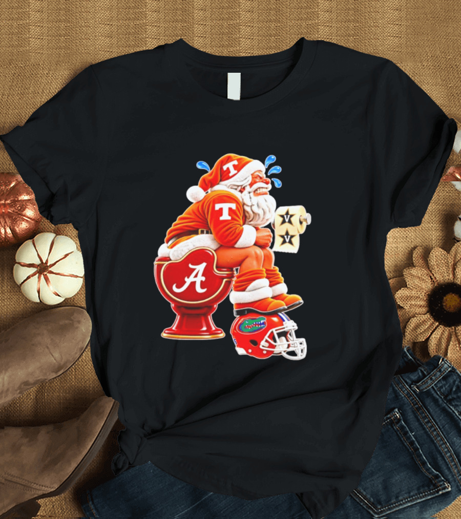 Tennessee Volunteers Santa Claus With Alabama Crimson Tide Toilet Vanderbilt Commodores Toilet Paper Florida Gators Helmet T-Shirt