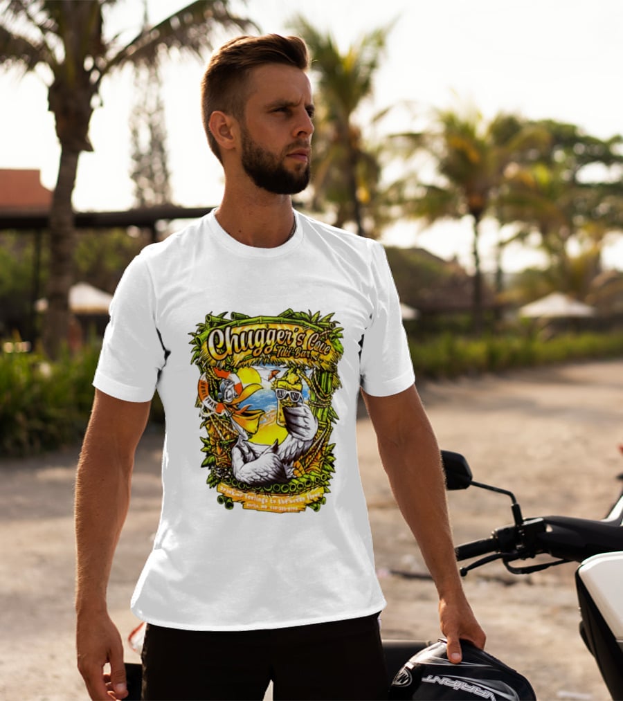 Chugger's Cove Tiki Bar Beach Pelican Drink Ur Feelings Ocean Floor Berlin MD T-Shirt