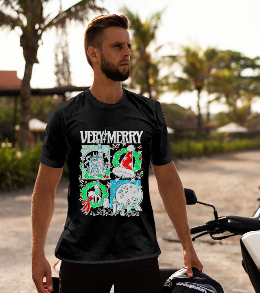Very Merry 2026 Christmas Disney Castle Holiday Wreath And Santa Hat Candles T-Shirt
