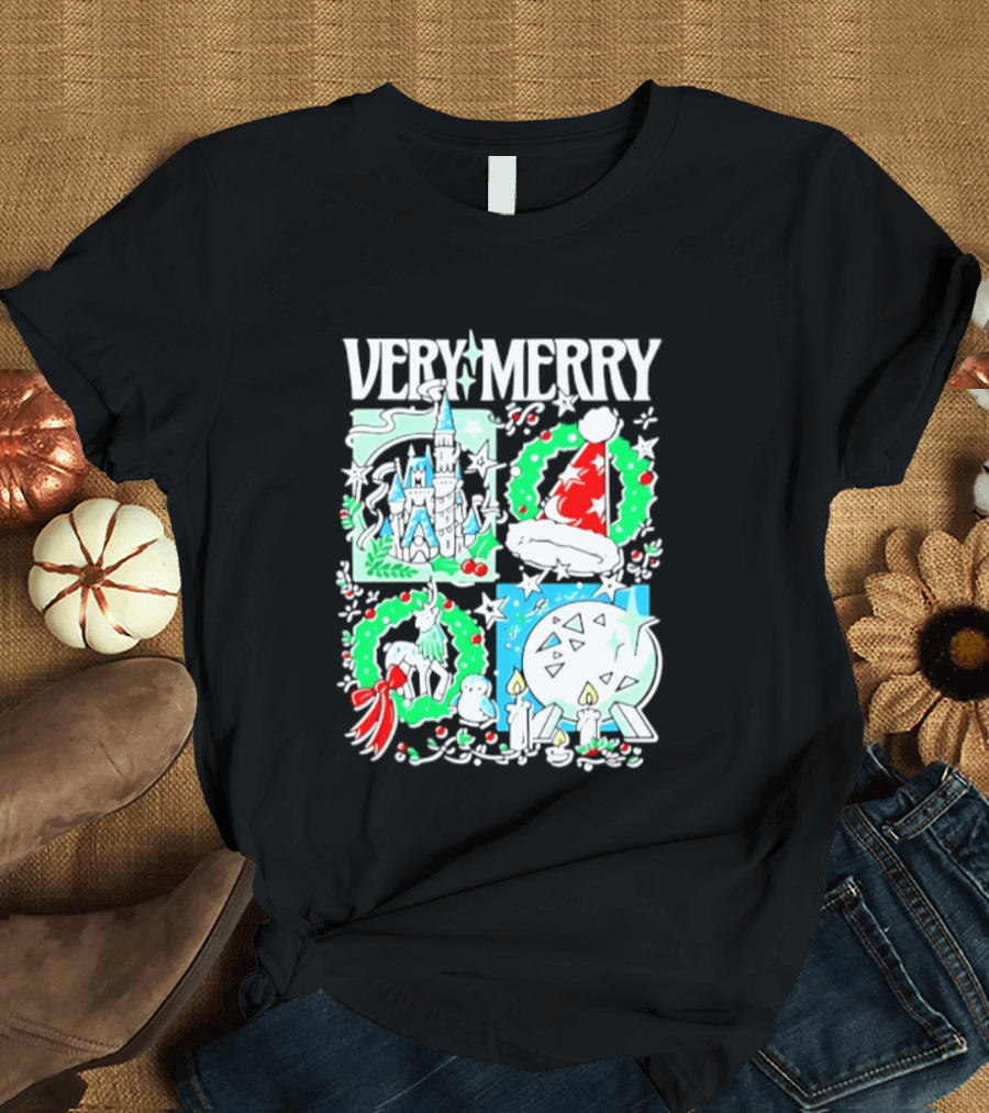 Very Merry 2026 Christmas Disney Castle Holiday Wreath And Santa Hat Candles T-Shirt