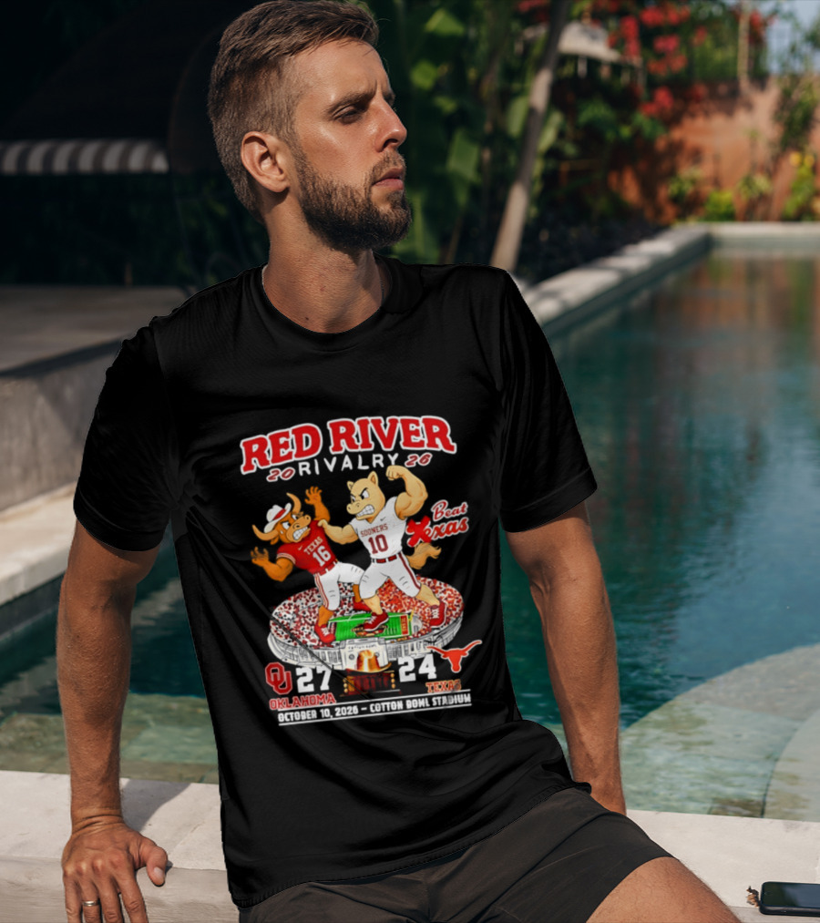 Red River Rivalry 2026 Oklahoma Sooners 27 Texas 24 October 10 Cotton Bowl Stadium T-Shirt