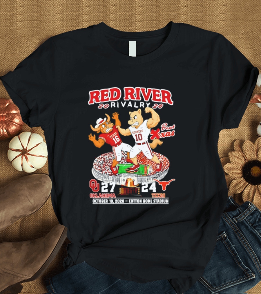 Red River Rivalry 2026 Oklahoma Sooners 27 Texas 24 October 10 Cotton Bowl Stadium T-Shirt