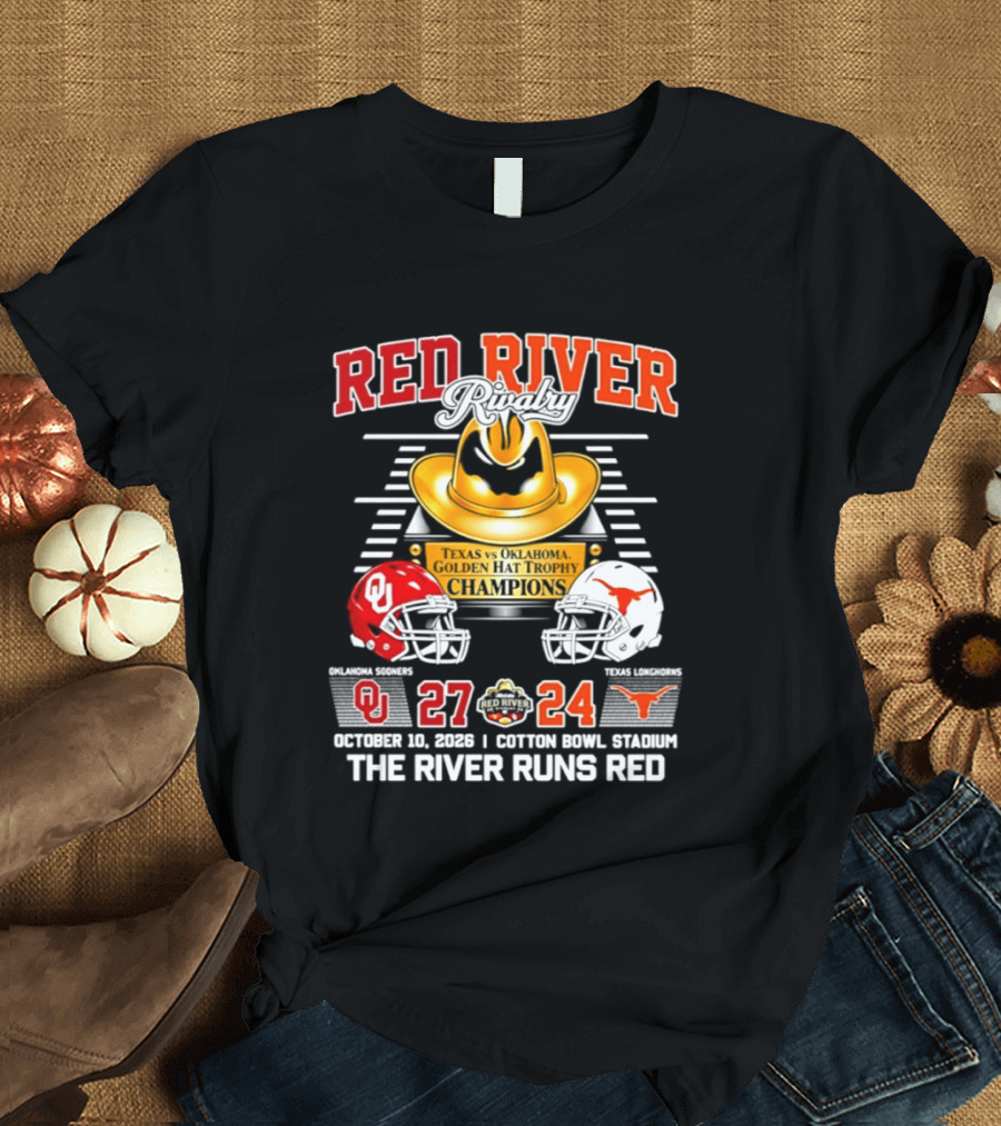 Oklahoma Sooners Red River 2026 The River Runs Red 27 24 Cotton Bowl Stadium T-Shirt
