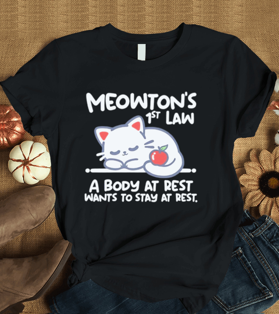 Meowton's 1st Law A Body At Rest Wants To Stay At Rest Sleeping Cat With Apple T-Shirt